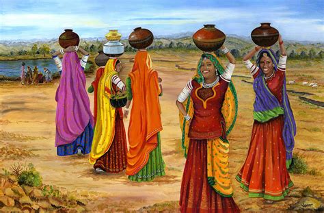 Rajasthani Women Going towards a pond to fetch water Painting by Vidyut Singhal - Pixels