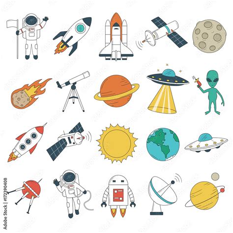 Set of space objects. Spaceship, rockets, planets, astronaut, alien ...