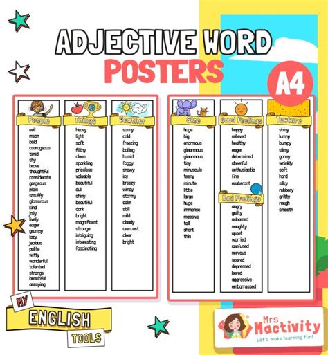 a poster with the words adjective word posters in english and spanish on it