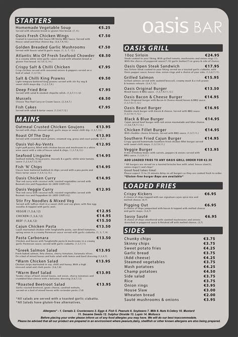 Menu – Oasis Bar Letterkenny, County Donegal, Ireland