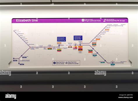 purple crossrail line (Elizabeth Line) stations route map displays inside the train London ...