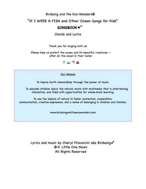 SONGBOOK (Chords and Lyrics) – “IF I WERE A FISH and Other Ocean Songs for Kids” • Birdsong and ...