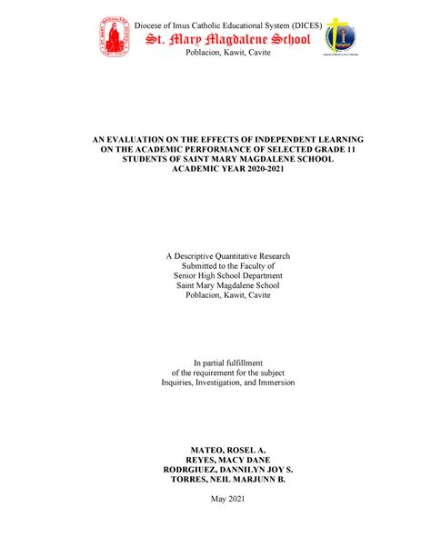 Group 4 ( Humss 4) Chapter 1-3 Compilation Final - Diocese of Imus Catholic Educational System ...