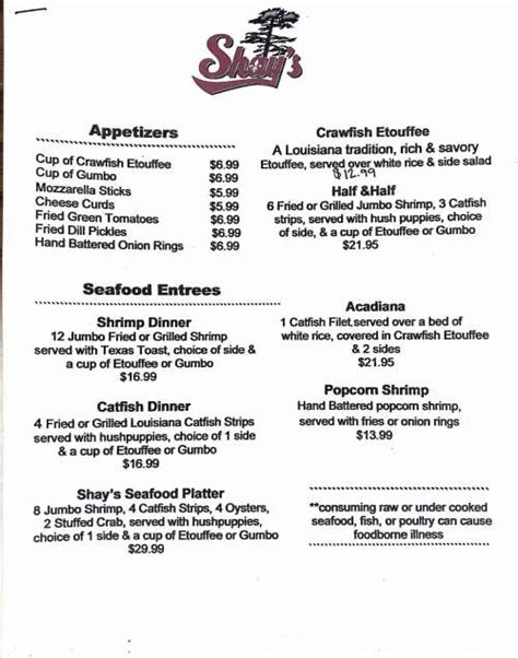 Shay's Restaurant menu in Winnsboro, Louisiana, USA