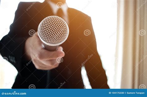 Journalists Filing Microphone Interviewing To Businessman. Smart Stock ...