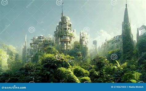 Post Apocalyptic City, Futuristic Overgrown Buildings, Concept Art Stock Illustration ...