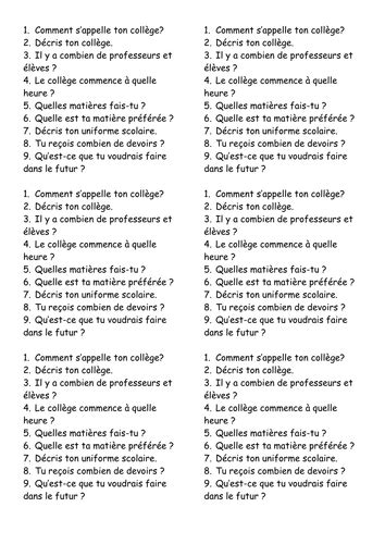 French conversation questions about school | Teaching Resources