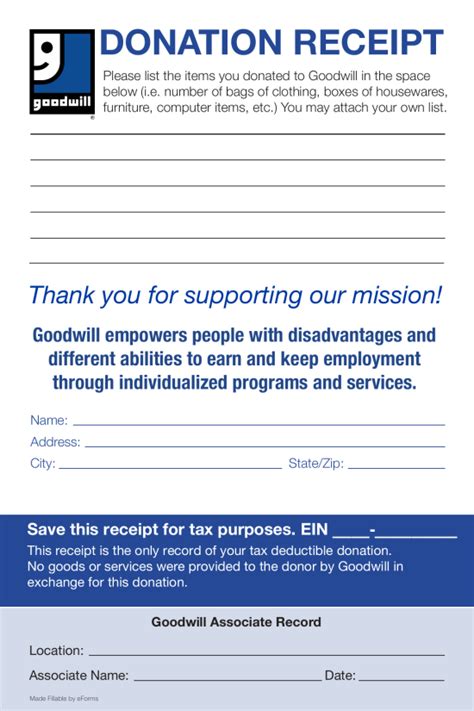 Free Goodwill Donation Receipt Template - PDF – eForms