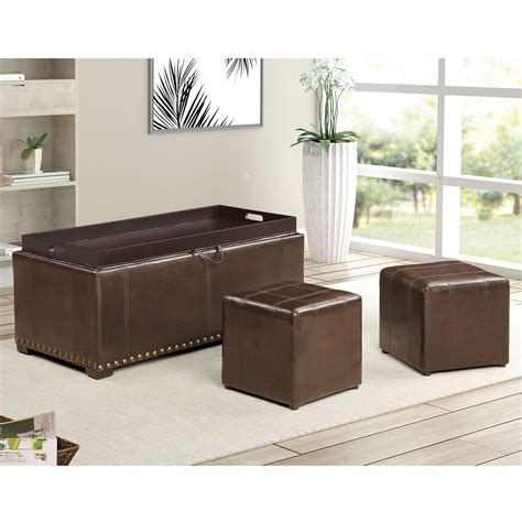 Leather Storage Bench with 2 Side Ottomans, Brown - Walmart.com