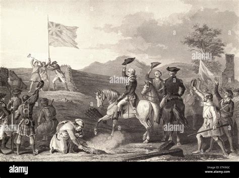 George Washington raising the British flag at Fort Duquesne during the French and Indian War ...