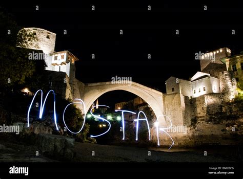 Famous stari most old bridge of Mostar at night, Bosnia and Herzegovina ...