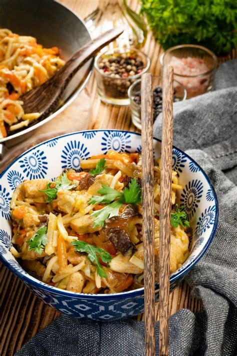 Fried Noodles with Chicken and Vegetables Stock Photo - Image of ...