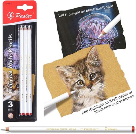 Pasler White Charcoal Pencil Set of 3 Drawing White Pencils: Amazon.co ...