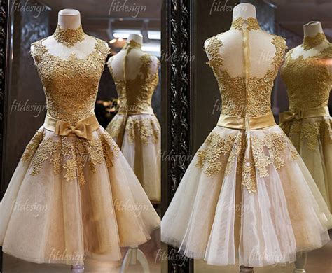 lace prom dress, gold prom dress, short prom dress, homecoming dress ...