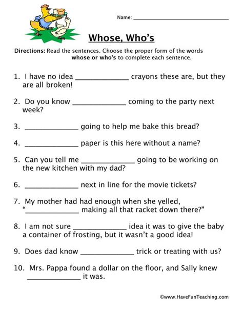 Whose, Who's Homophones Worksheet - Have Fun Teaching | Actividades de ...