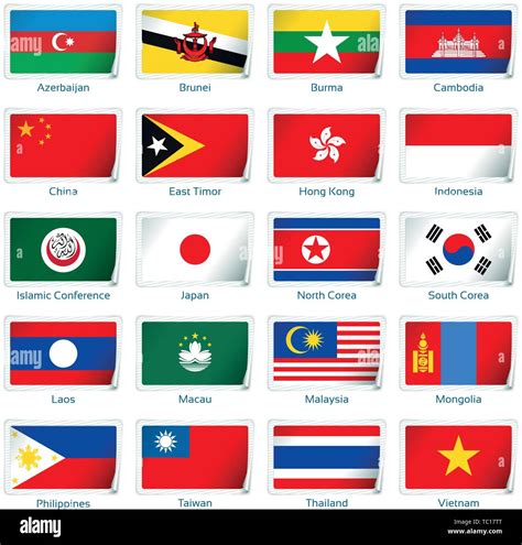 Todas las banderas de los países de la región de Asia. Estilo plano ...