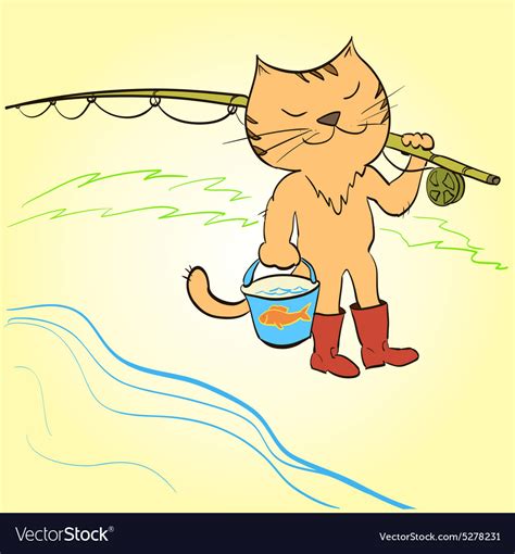 Cat goes fishing with a fishing rod and a bucket Vector Image