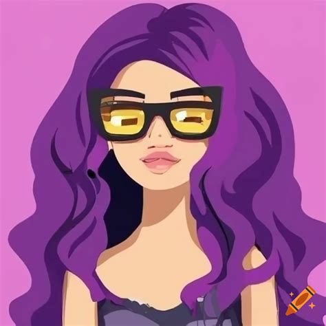 Illustration of a colorful character with purple wavy hair and square glasses on Craiyon