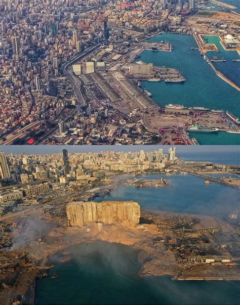 Before and after the explosion in Beirut. : r/pics