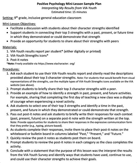 Sample mini-lesson plan using VIA-youth result reports | Download Scientific Diagram