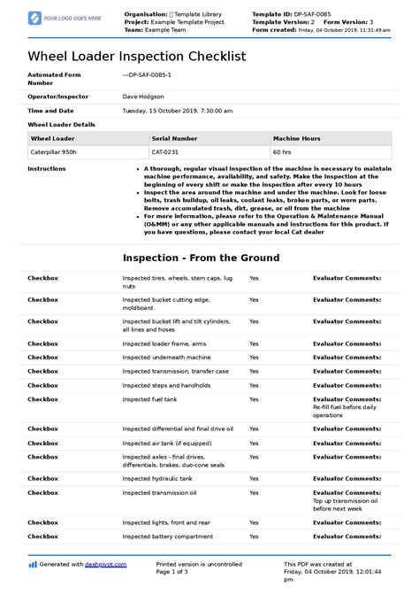 Wheel Loader Inspection Checklist: Free & editable form template