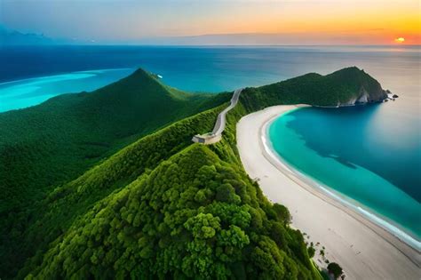 Aerial view of a road leading to a beach at sunset | Premium AI ...