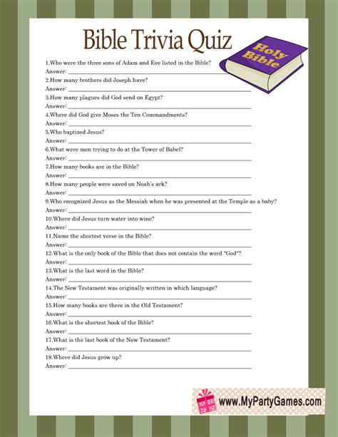 Free Printable Bible Trivia Quiz with Answer Key | Bible trivia quiz, Bible quiz games, Bible ...