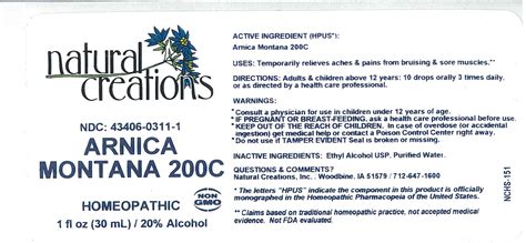 ARNICA MONTANA 200C - Natural Creations, Inc.: Package Insert