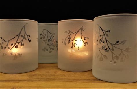 Frosted 'Branches And Leaves' Set Of Four Engraved Glass Votive Holders Spring Decor Summer ...