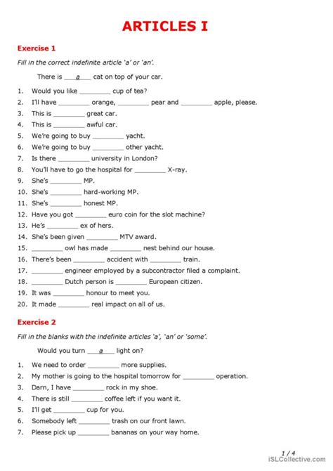 Articles: English ESL worksheets pdf & doc