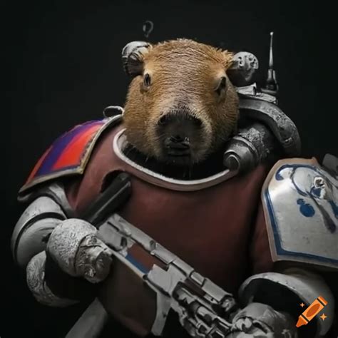 Capybara haciendo cosplay de marine espacial de warhammer 40000