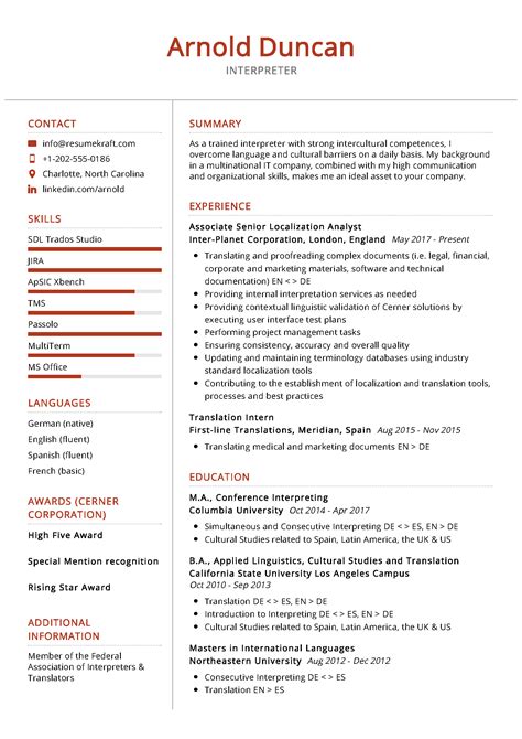 Interpreter Resume Sample in 2024 - ResumeKraft