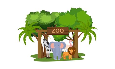 Zoo cartoon illustration with safari animals on forest background ...