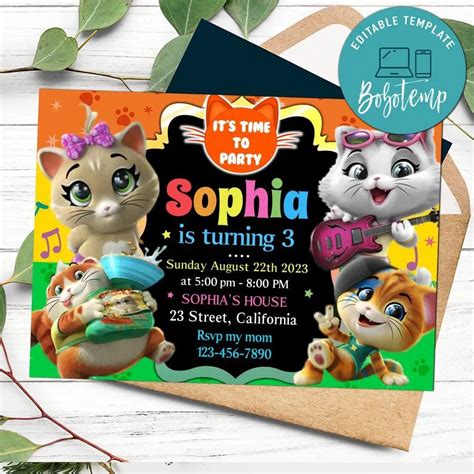 44 cats Birthday Invitation Customizable Template DIY | Createpartylabels