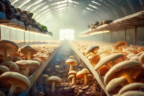 Organic mushrooms growing on mushroom farm. Mushroom cultivation. Natural mushroom production ...