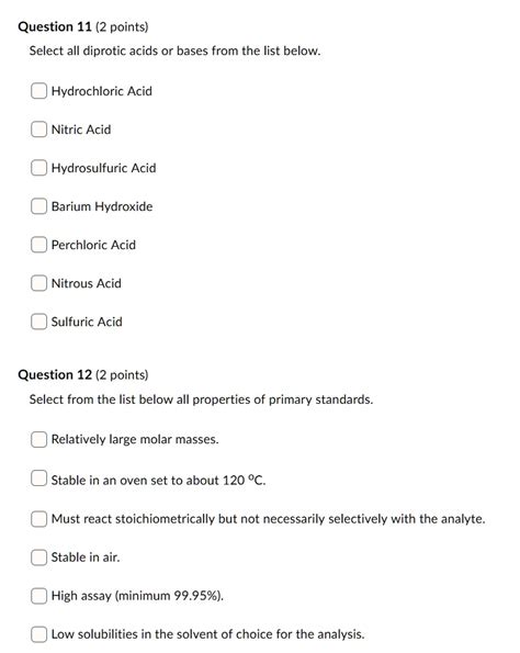 SOLVED: Question 11 (2 points) Select all diprotic acids or bases from ...