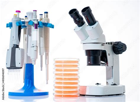 microscope, petri dishes and pipette stand by microbiological laboratory Stock Photo | Adobe Stock