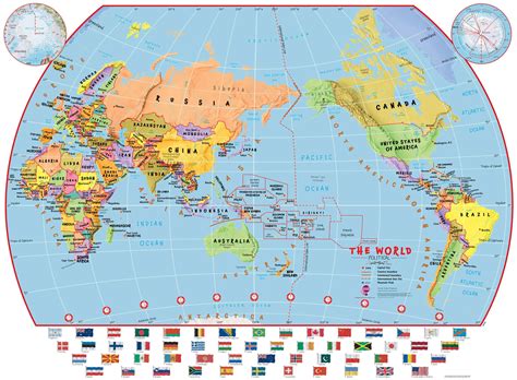 Large Primary Pacific Centred World Wall Map Political with flags ...