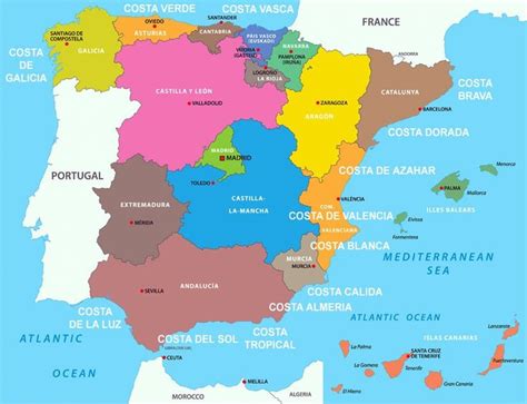 a map of spain with all the major cities and their respective regions in bright colors