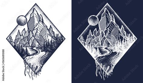 Mountain and river tattoo and t-shirt design. Meditation symbols, travel, tourism. Outdoors and ...