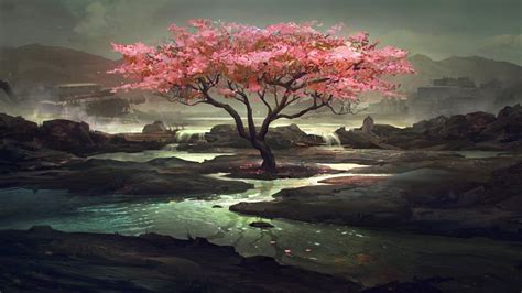 Sfondi : alberi, la pittura, Fantasy art, tramonto, natura, Alba, sera ...