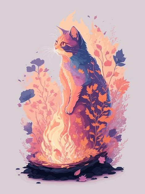 Premium Vector | A cat is standing on a fire surrounded by flowers.