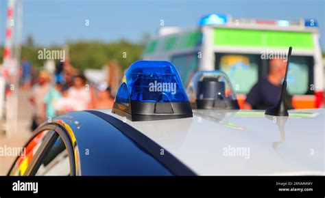 blue siren of a police car after the road accident and ambulance Stock Photo - Alamy