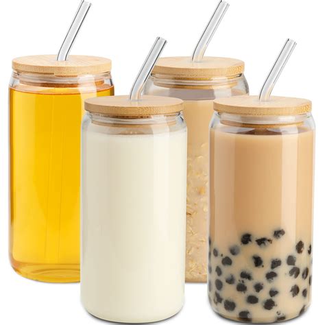 Buy Drinking Glass with Bamboo Lids and Glass Straws 4 Packs, 16 oz Can ...