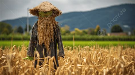 Scarecrow In A Field With Field Of Wheat Background, A Unique Scarecrow Standing In A Satoyama ...