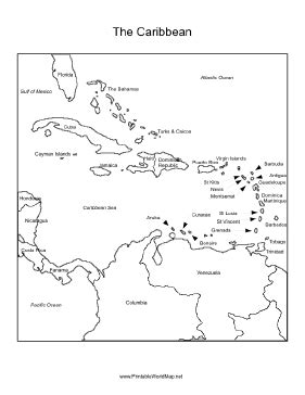 A printable map of the Caribbean Sea region labeled with the names of each location, including ...