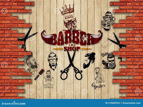 Barber Shop Graffiti Wallpaper Design with Bricks and Wooden Background Stock Illustration ...