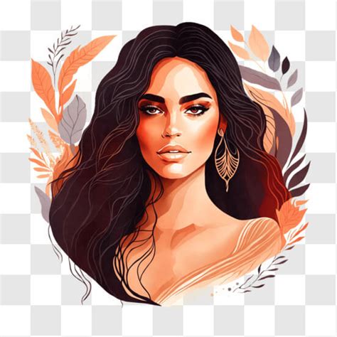 Download Elegant Illustration of a Woman with Long Brown Hair and Leaves PNG Online - Creative ...