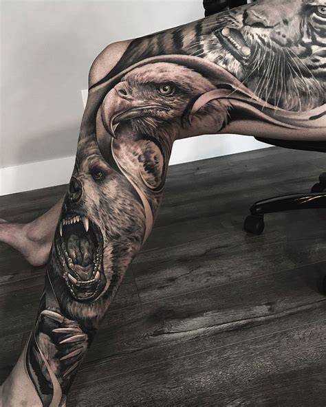 Tiger, Eagle & Bear Leg | Animal sleeve tattoo, Leg sleeve tattoo, Full leg tattoos