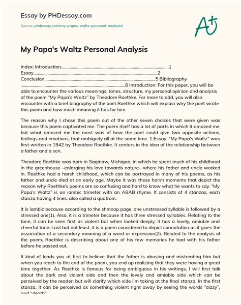 My Papa'S Waltz Personal Analysis Essay Example - PHDessay.com